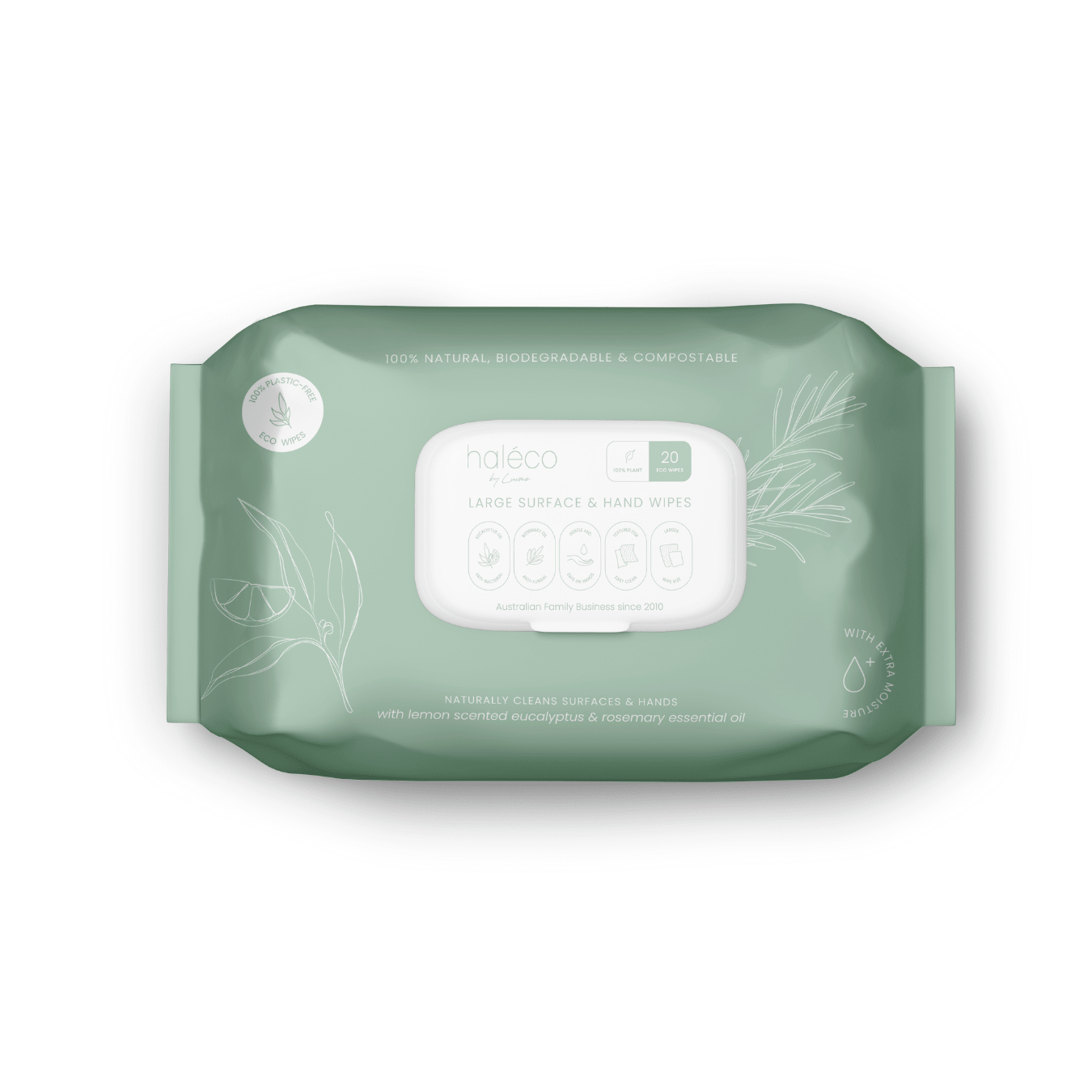 Haléco 20-Pack Large Surface & Hand Wipes – (16 x 20pks) Multipack | 100% Biodegradables – Eco Plant Fibre, Natural Antibacterial Eucalyptus & Rosemary, Alcohol‑Free, Gentle & Powerful Cleaning Naturally - shop_name Wipes
