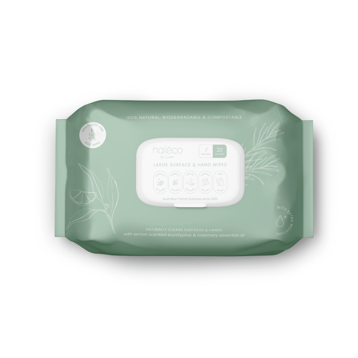 Haléco 20-Pack Large Surface &amp; Hand Wipes – (16 x 20pks) Multipack | 100% Biodegradables – Eco Plant Fibre, Natural Antibacterial Eucalyptus &amp; Rosemary, Alcohol‑Free, Gentle &amp; Powerful Cleaning Naturally - shop_name Wipes